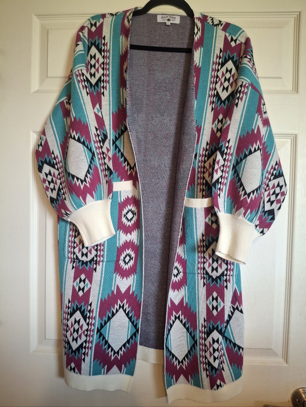 CRAZY TRAIN Aztec Pattern Open Cardigan in Teal & Plum